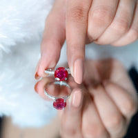 Round 5 Carat Lab Created Ruby Huge Engagement Ring with Diamond Side Stones