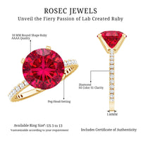 Round 5 Carat Lab Created Ruby Huge Engagement Ring with Diamond Side Stones