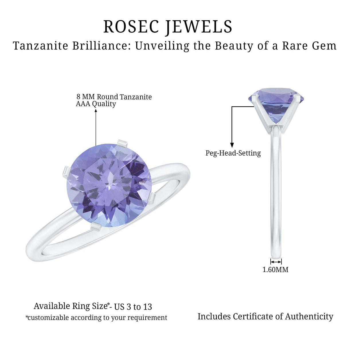 2.8 Carat Lab Grown Tanzanite Solitaire Engagement Ring