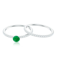 Minimal Emerald Diamond Wedding Engagement Ring Set of 2