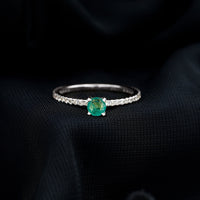 0.49 Carat Emerald Dainty Solitaire Ring with French Pave Set Diamond