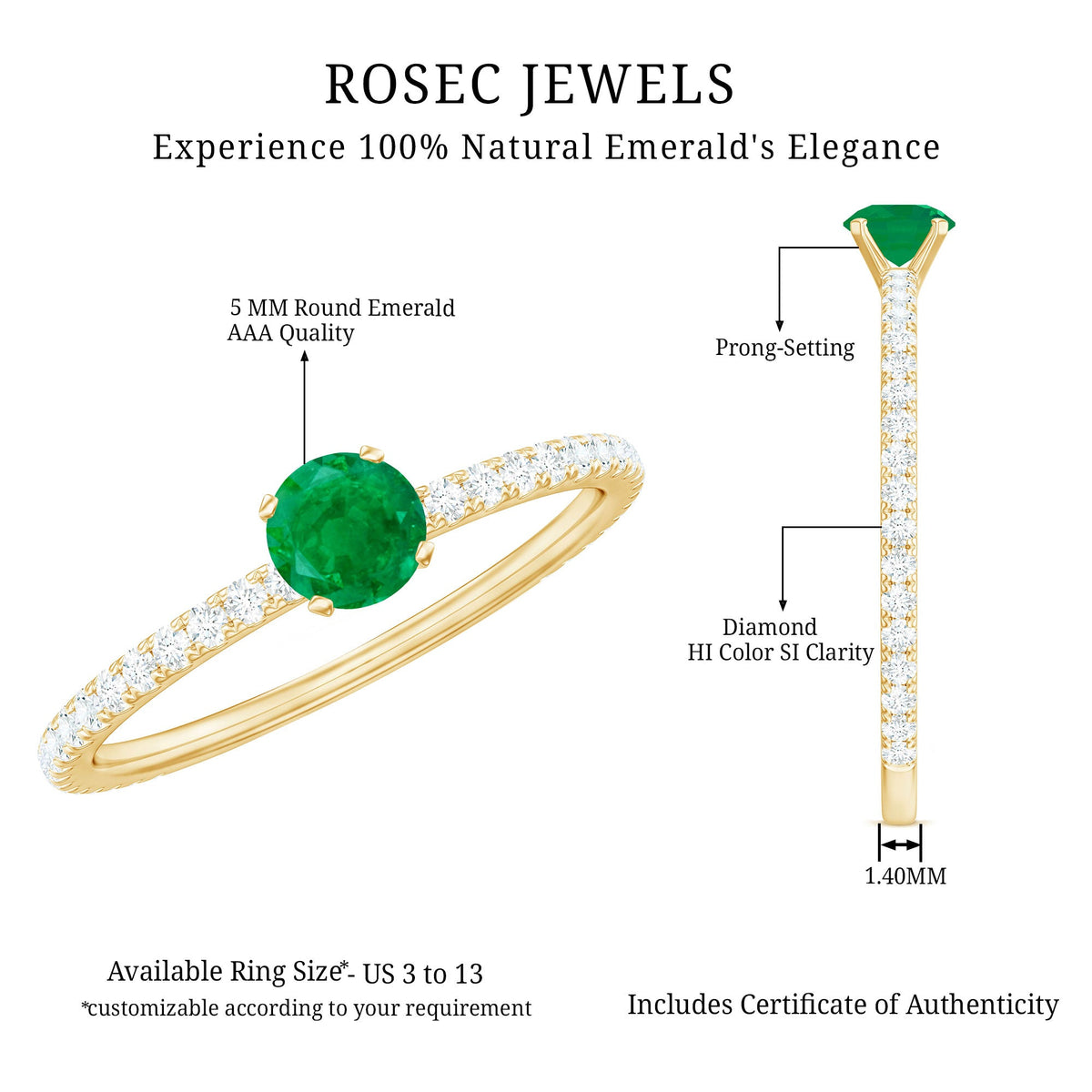 0.49 Carat Emerald Dainty Solitaire Ring with French Pave Set Diamond