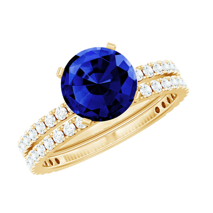 Round Lab Grown Blue Sapphire Solitaire Ring set with diamond from Rosec Jewels, featuring a blue sapphire center stone and sparkling diamond accents.