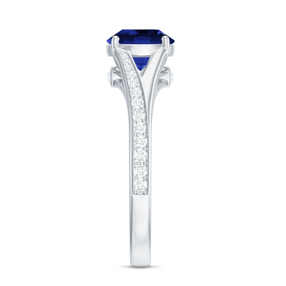 2.7 Carat Round Lab Grown Blue Sapphire Engagement Ring with Diamond Split Shank