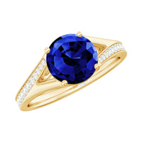 2.7 Carat Round Lab Grown Blue Sapphire Engagement Ring with Diamond Split Shank