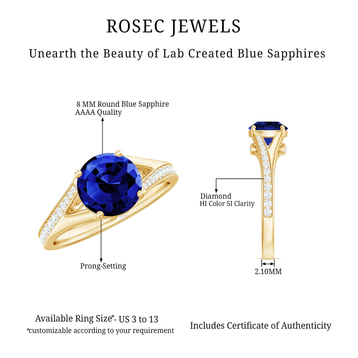 2.7 Carat Round Lab Grown Blue Sapphire Engagement Ring with Diamond Split Shank
