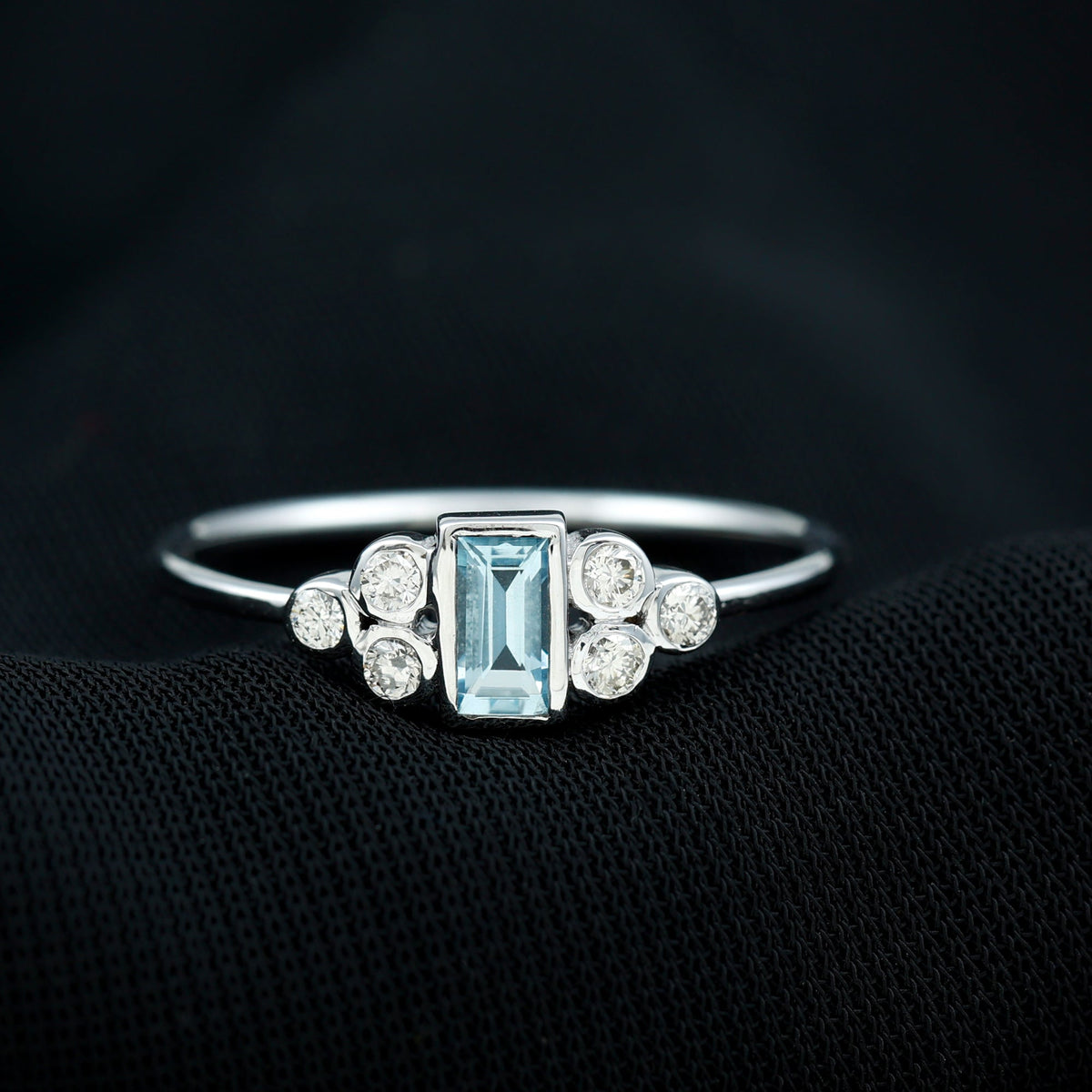 Natural Baguette Aquamarine Promise Ring with Diamond Trio