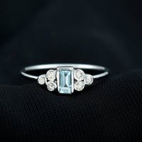 Natural Baguette Aquamarine Promise Ring with Diamond Trio