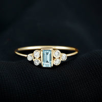 Natural Baguette Aquamarine Promise Ring with Diamond Trio