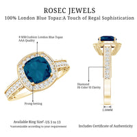 2.8 Carat Cushion Cut London Blue Topaz Halo Engagement Ring with Diamond