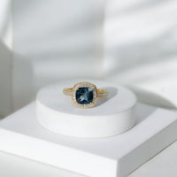 2.8 Carat Cushion Cut London Blue Topaz Halo Engagement Ring with Diamond