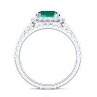 Certified Lab Grown Emerald Halo Engagement Ring with Moissanite Wedding Band