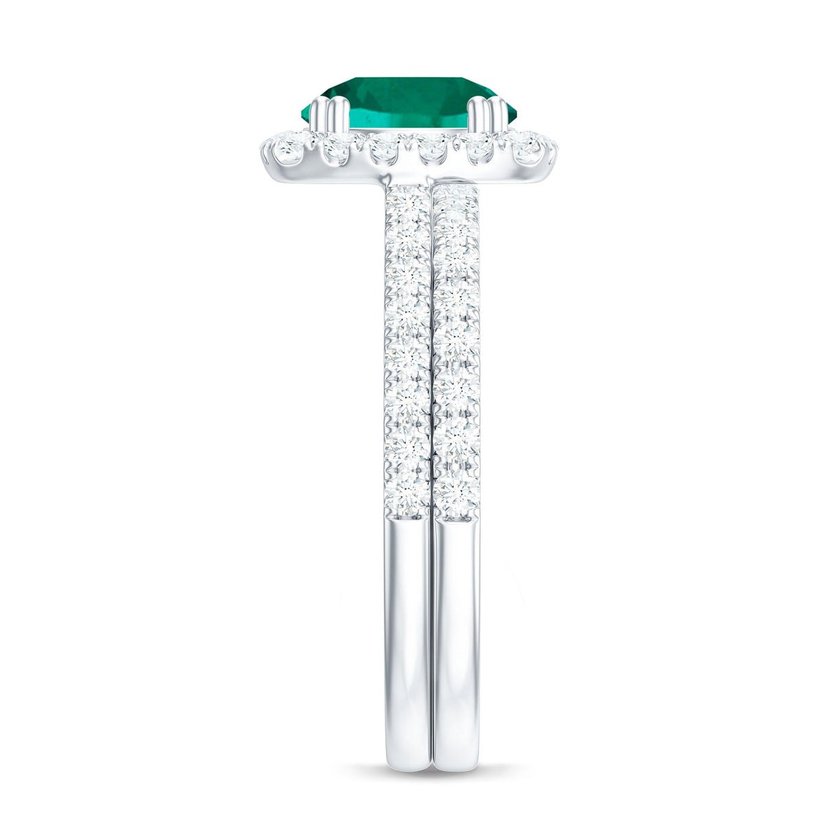 Certified Lab Grown Emerald Halo Engagement Ring with Moissanite Wedding Band