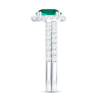 Certified Lab Grown Emerald Halo Engagement Ring with Moissanite Wedding Band