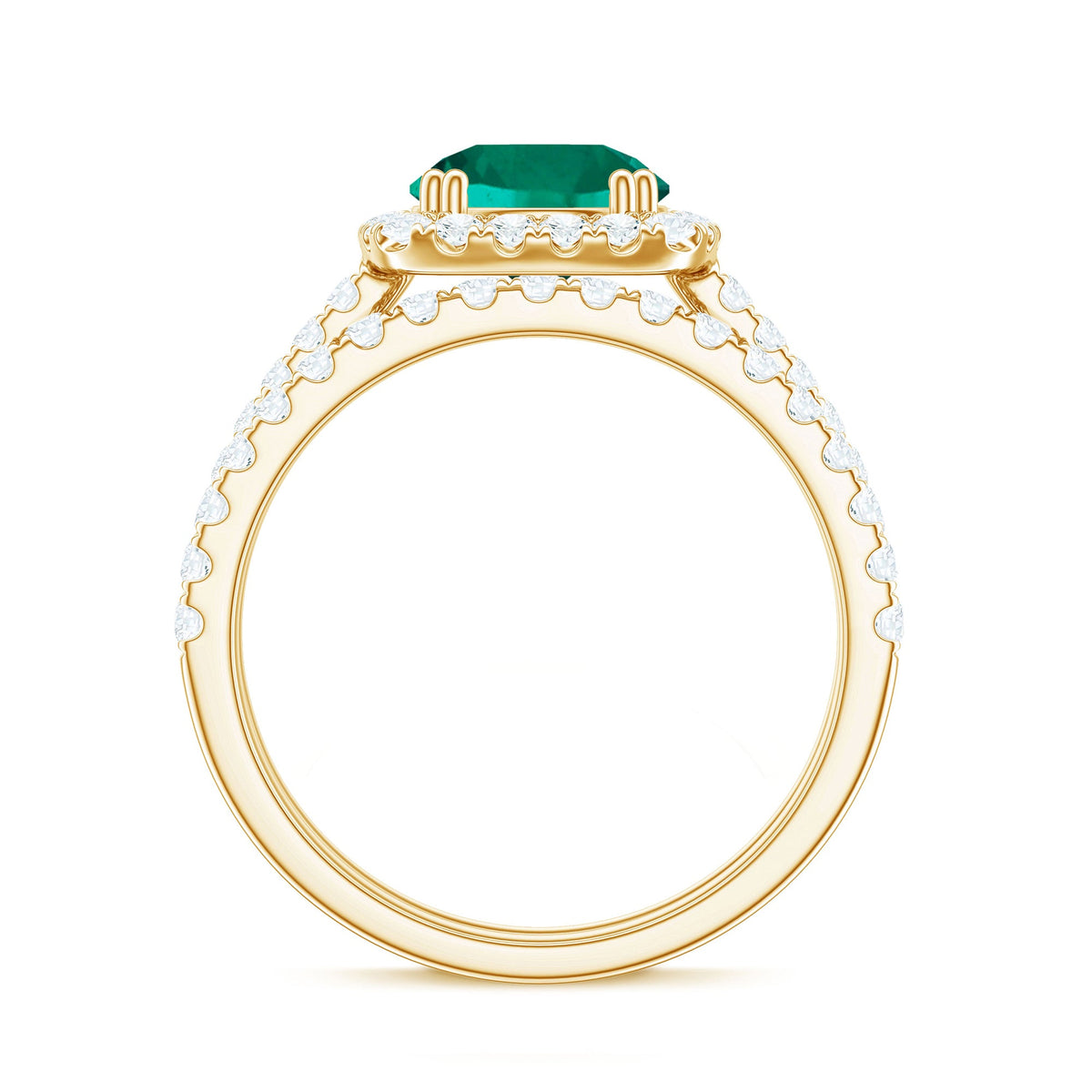 Certified Lab Grown Emerald Halo Engagement Ring with Moissanite Wedding Band