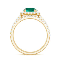 Certified Lab Grown Emerald Halo Engagement Ring with Moissanite Wedding Band