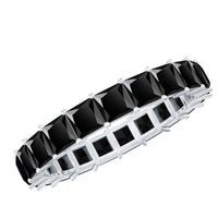 Certified black spinel princess cut eternity band ring by Rosec Jewels featuring a continuous row of sparkling black spinel stones.