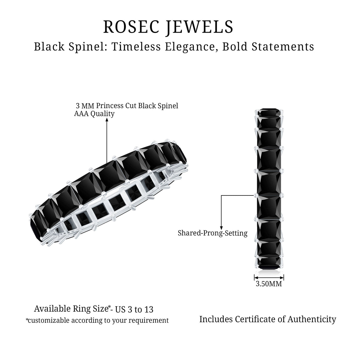 Certified black spinel princess cut eternity band ring by Rosec Jewels with sparkling black gemstones and a sleek silver band.