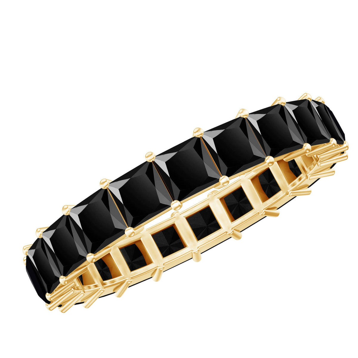 Certified black spinel princess cut eternity band ring by Rosec Jewels, showcasing sparkling black gemstones set in a continuous circle.