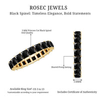 Certified black spinel princess cut eternity band ring from Rosec Jewels, showcasing a continuous row of sparkling black spinel stones.