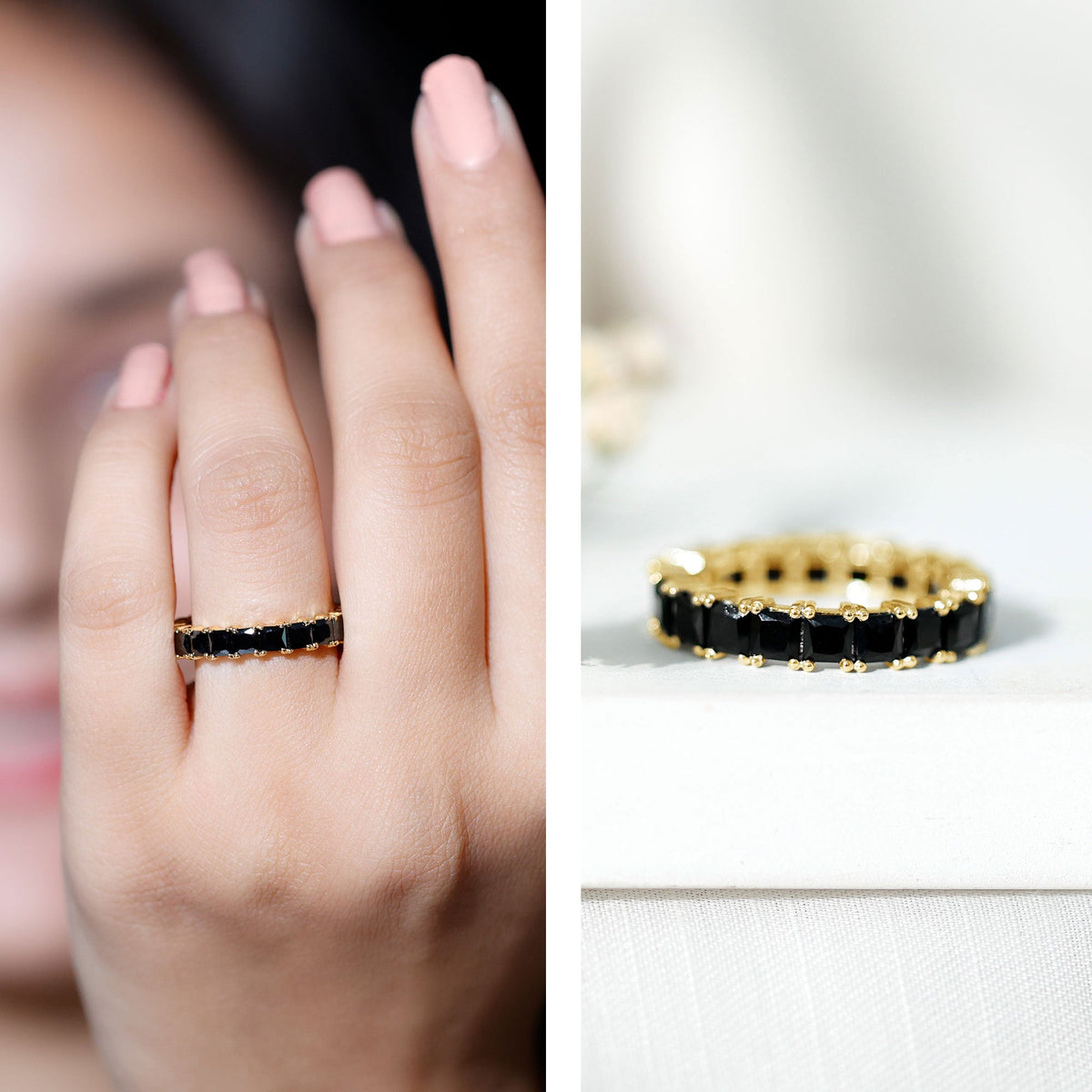 Black spinel eternity band ring with princess cut stones, crafted by Rosec Jewels, showcasing a luxurious and elegant design.