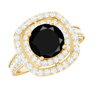 Certified 8mm Black Onyx Statement Engagement Ring with Diamond Double Halo