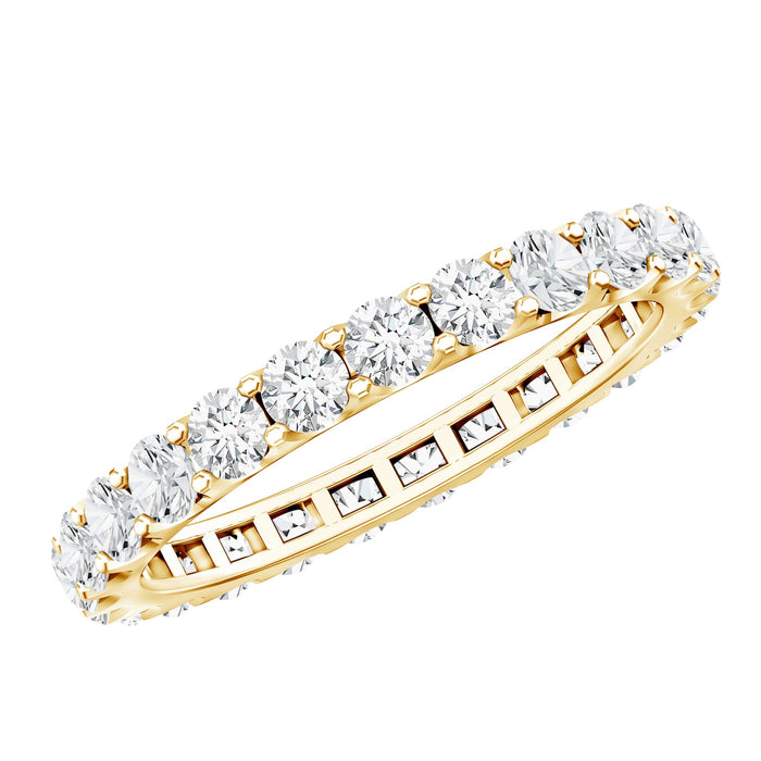 Brilliant cut round moissanite eternity ring from Rosec Jewels featuring sparkling stones in a continuous band design.