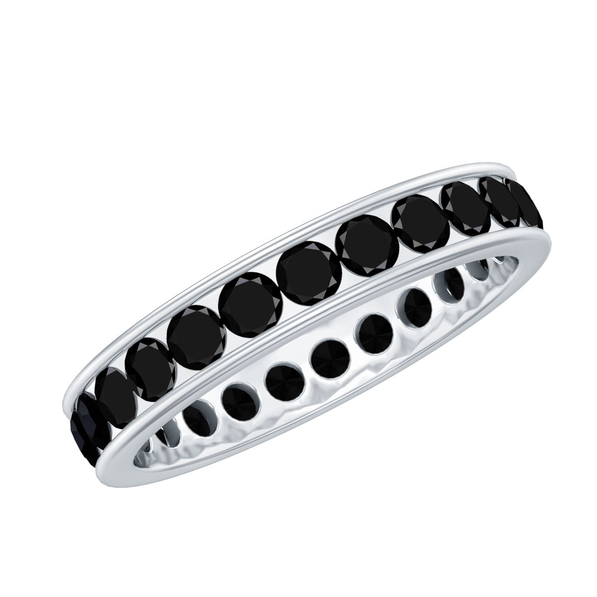Black spinel eternity ring with channel set stones by Rosec Jewels, showcasing a sleek, continuous band design.