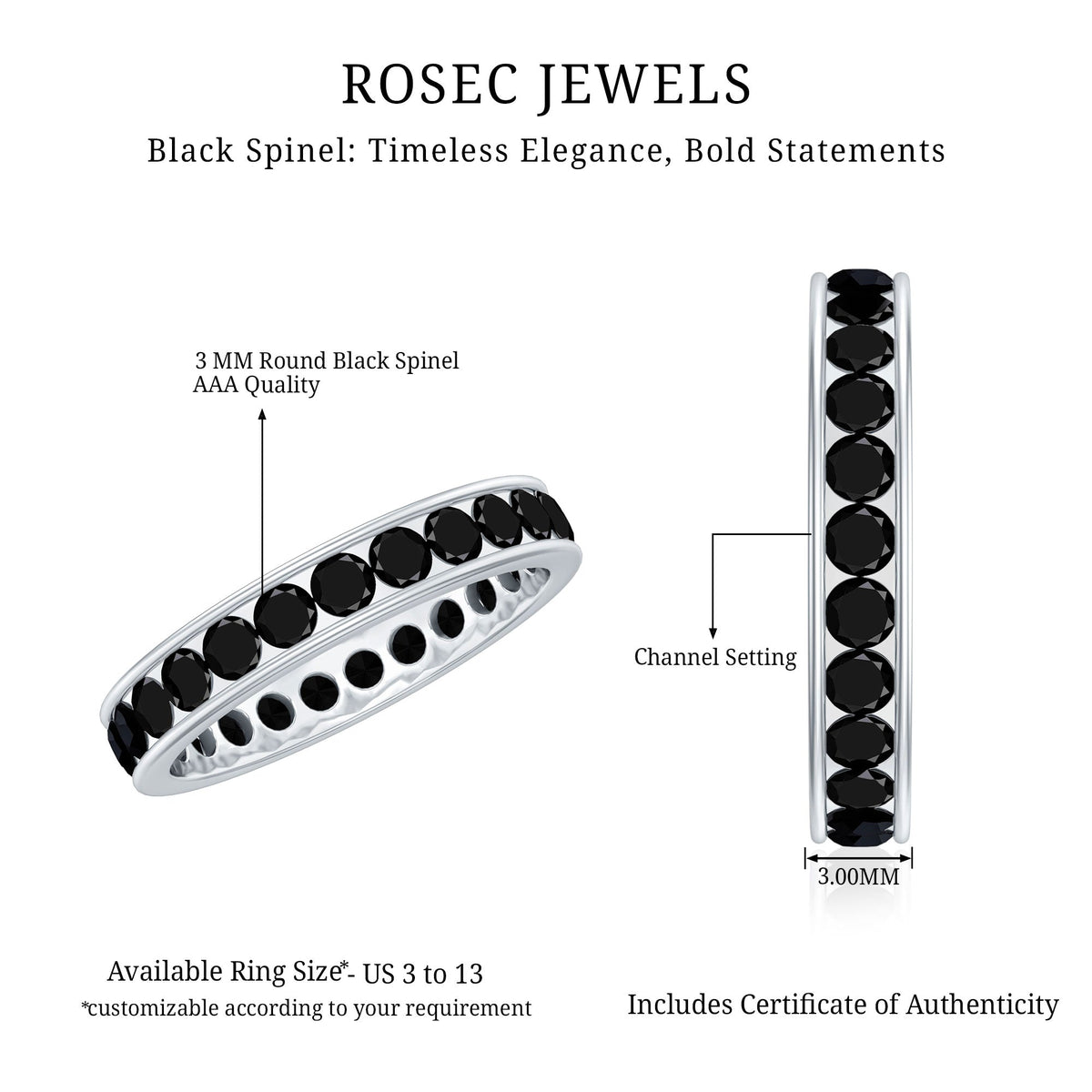 Channel set black spinel eternity ring by Rosec Jewels with black gemstones in a continuous band on a silver-tone ring