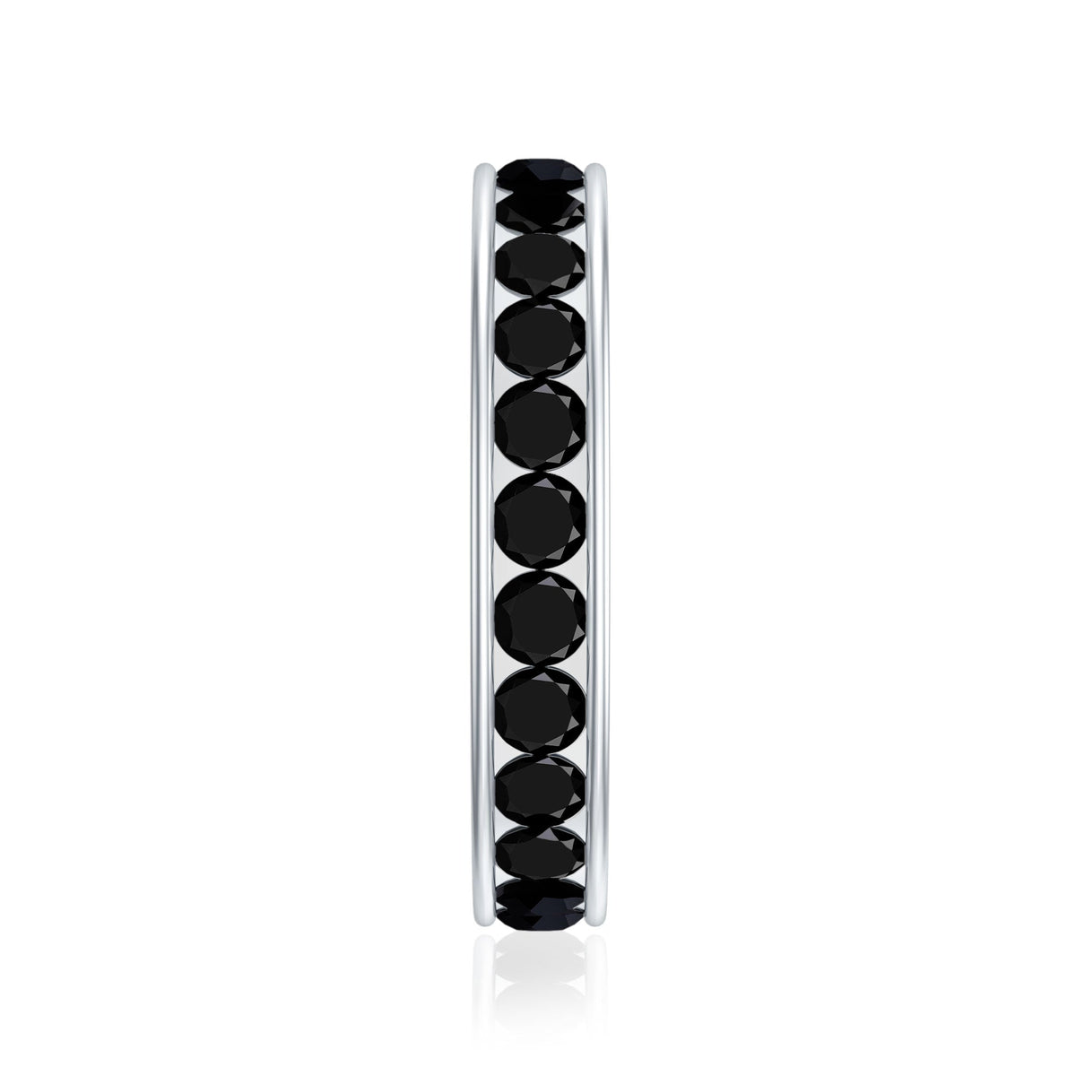 Black spinel eternity ring with channel-set stones from Rosec Jewels, showcasing a sleek, continuous band design.