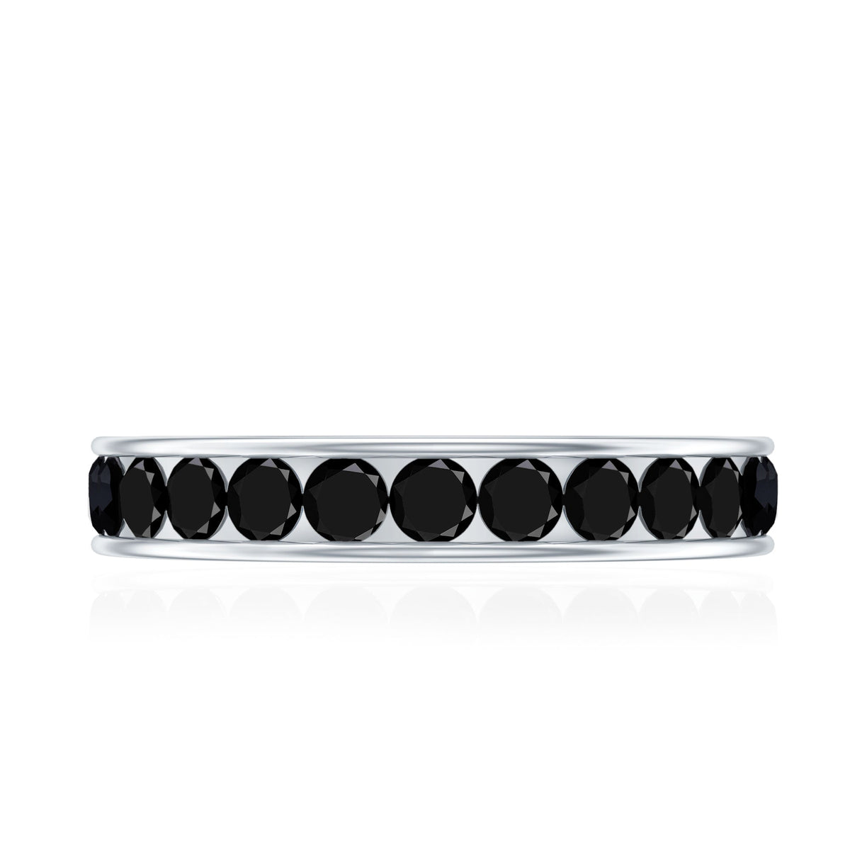Black spinel eternity ring by Rosec Jewels featuring a channel set design with sparkling black gemstones around the band.