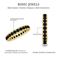 Black spinel eternity ring with channel setting from Rosec Jewels, showcasing a continuous row of sparkling black gemstones.