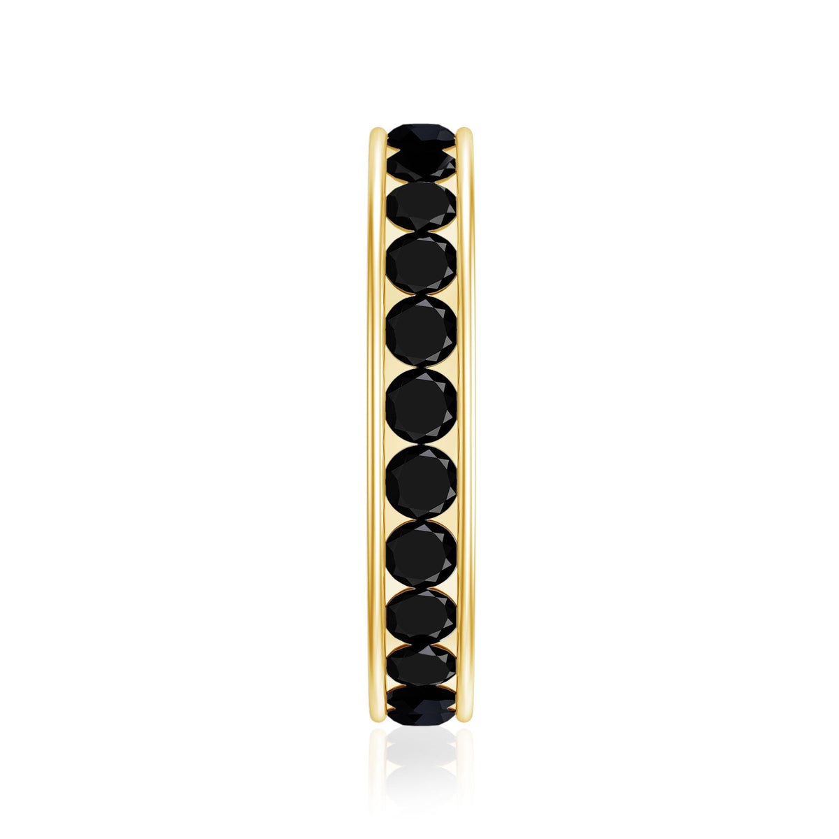 Channel set black spinel eternity ring by Rosec Jewels, featuring a continuous row of sparkling black spinel stones on a sleek band.