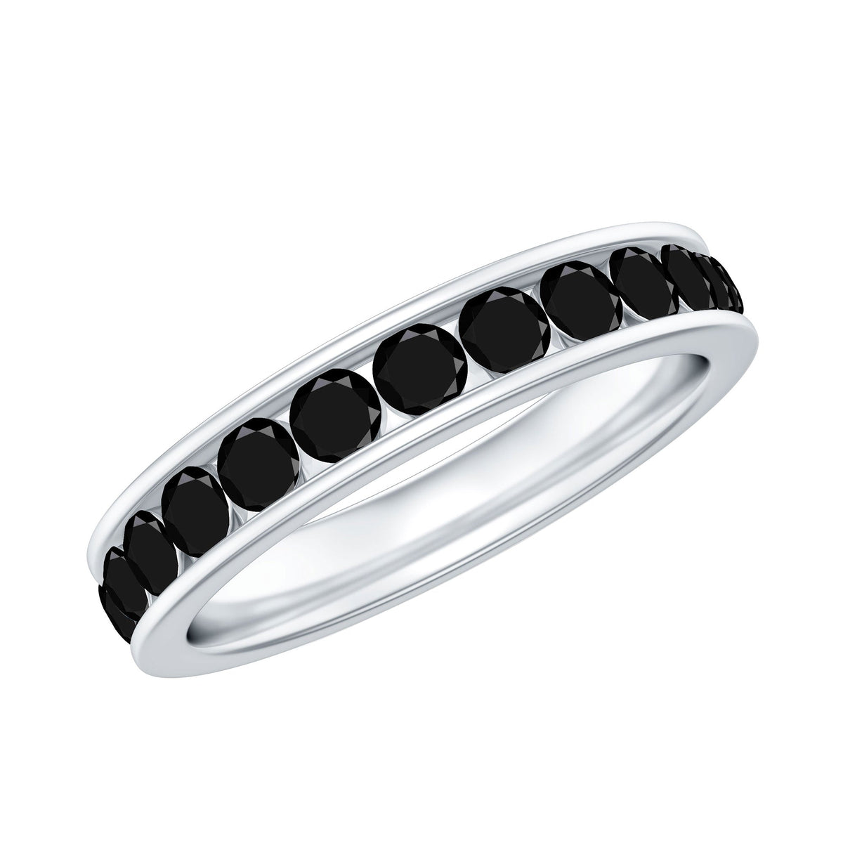 Black spinel eternity ring with channel setting by Rosec Jewels, showcasing a continuous row of sparkling black gemstones on a sleek band.