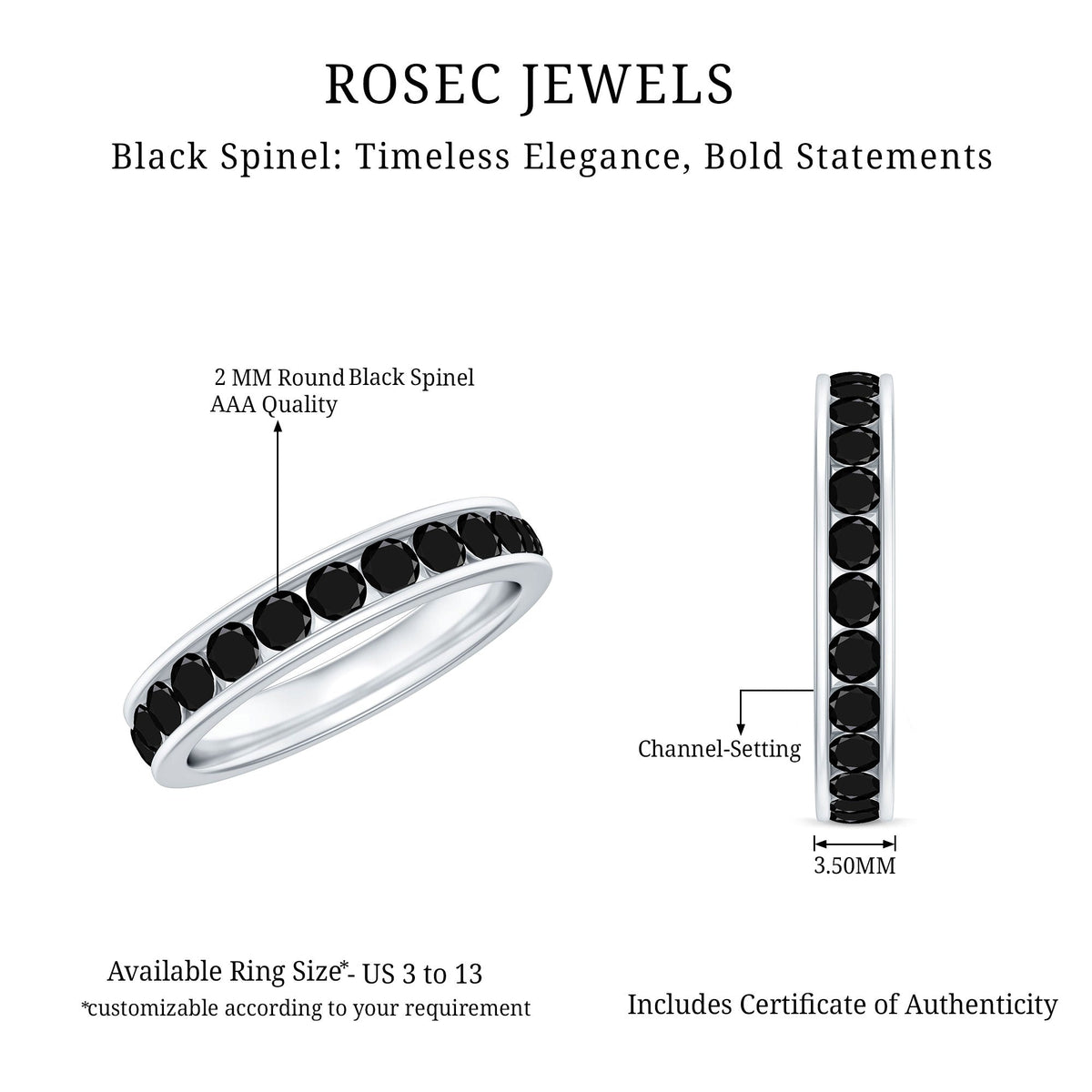 Black spinel eternity ring from Rosec Jewels featuring a natural channel set design, perfect for anniversaries.