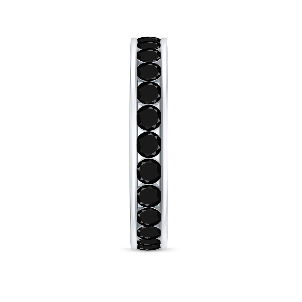 Black spinel eternity ring by Rosec Jewels, natural channel set design for anniversary, showcasing a sleek black gemstone band.