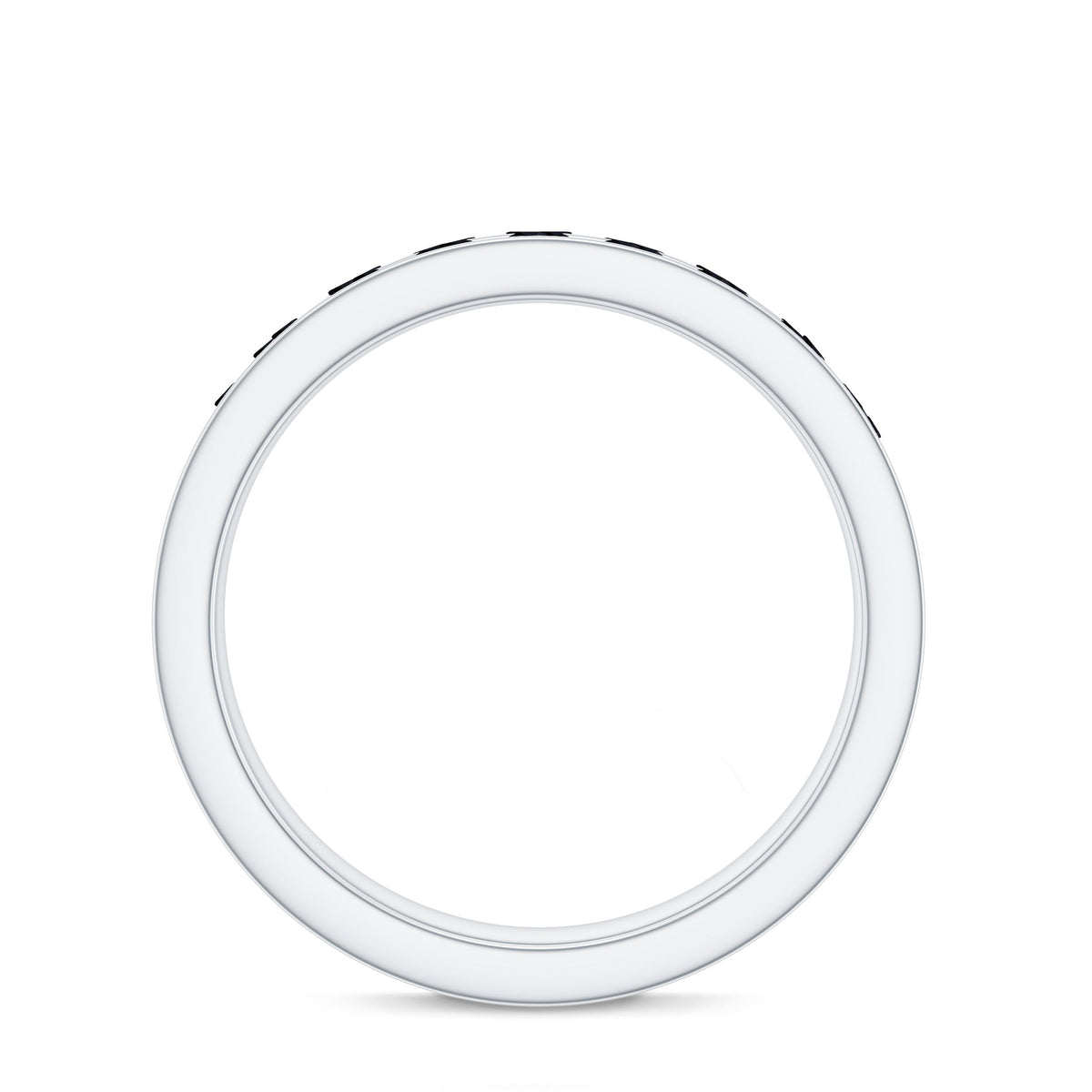 Black Spinel eternity ring with channel setting, crafted by Rosec Jewels, designed for anniversaries, showcasing a sleek and elegant band.