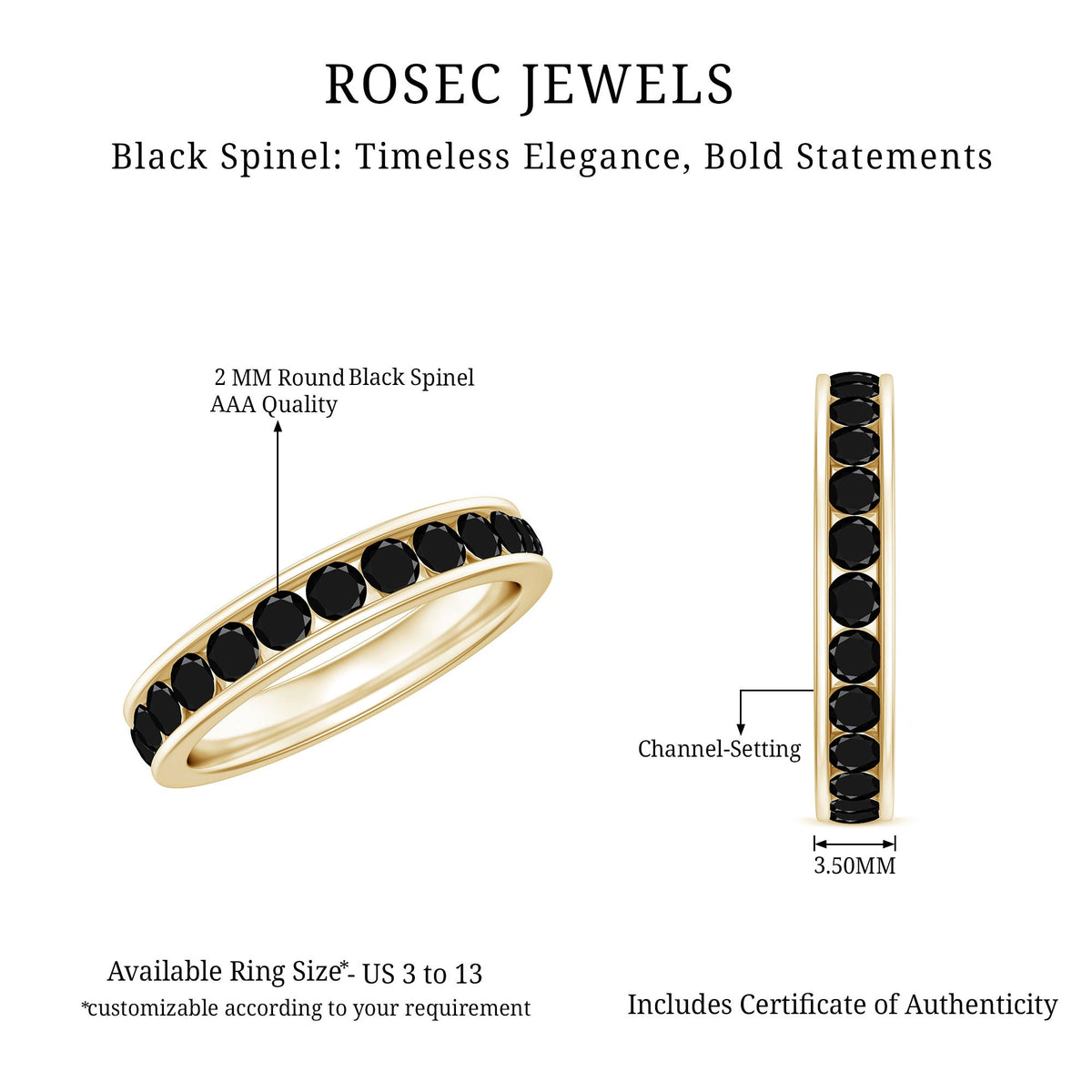 Black Spinel eternity ring with channel setting by Rosec Jewels, featuring a continuous row of sparkling black gemstones.
