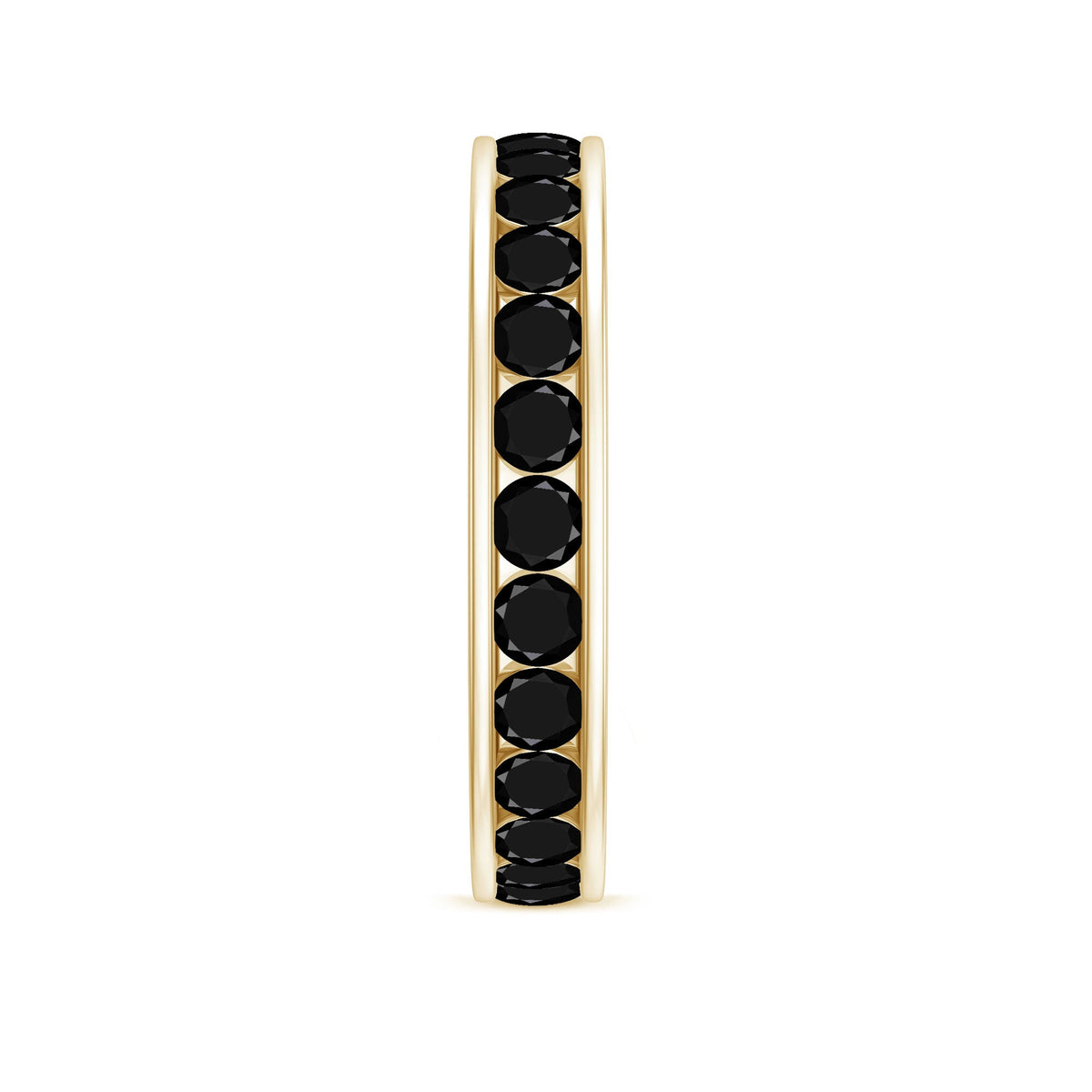 Black spinel eternity ring with channel setting from Rosec Jewels, designed for anniversaries, featuring a continuous row of sparkling stones.