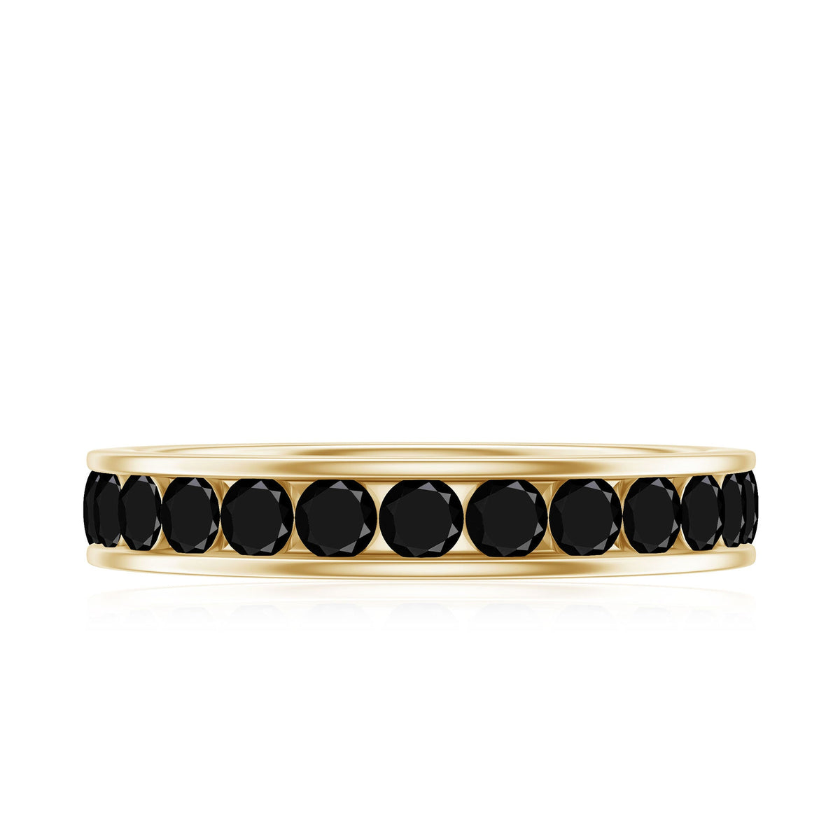 Black spinel eternity ring with channel-set design from Rosec Jewels, showcasing a continuous row of sparkling stones on a sleek band.