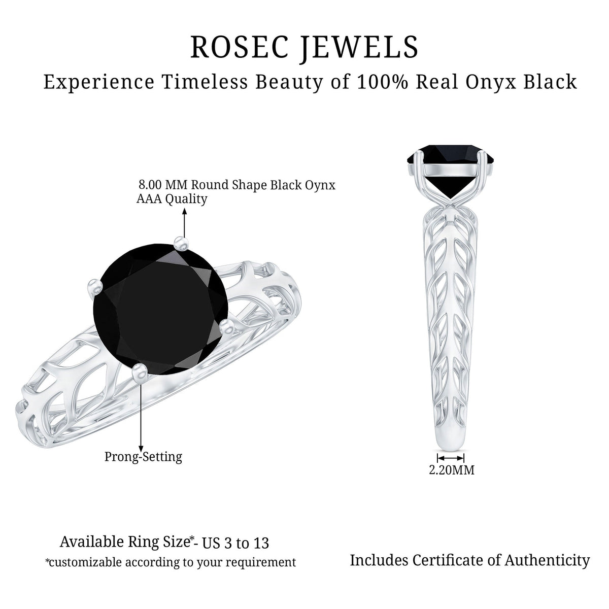 Round Cut Solitaire Black Onyx Engagement Ring with Certificate