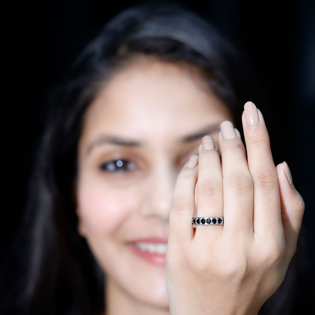 Black spinel eternity band ring featuring 2.25 carats of stones set in a sleek Rosec Jewels ring design.