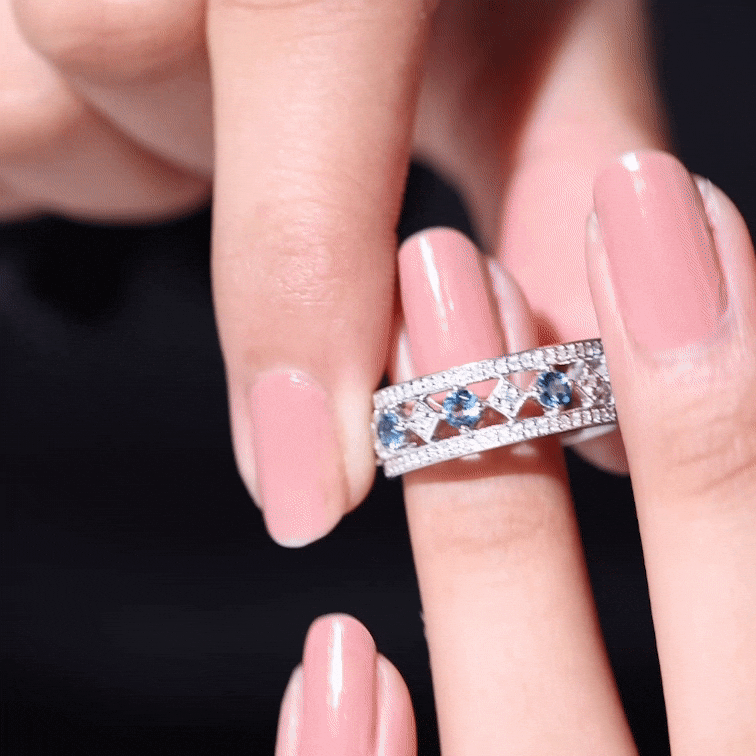 Vintage-inspired London Blue Topaz and diamond eternity band ring by Rosec Jewels featuring blue gemstones and sparkling accents.