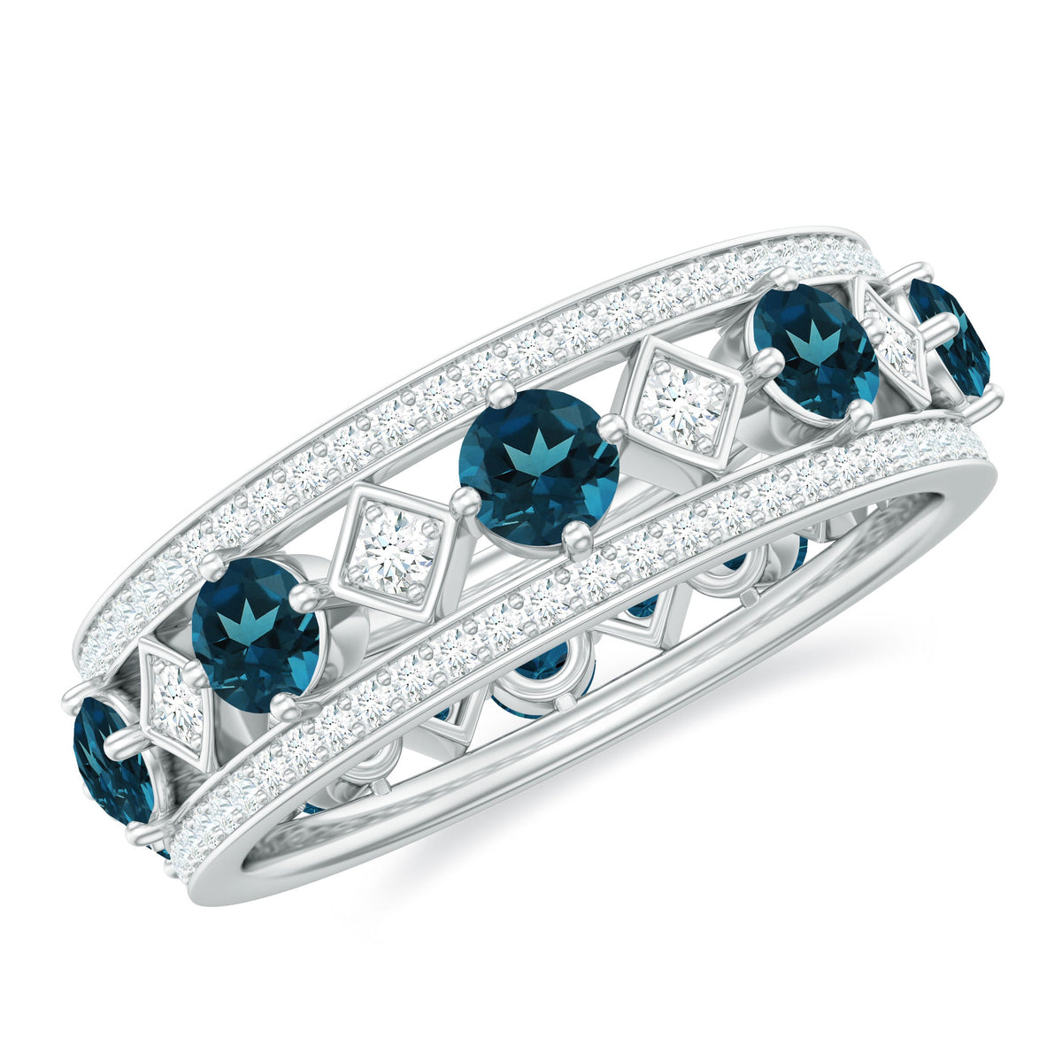 Vintage-inspired eternity ring featuring London Blue Topaz and diamonds by Rosec Jewels, showcasing intricate design and sparkling gemstones.