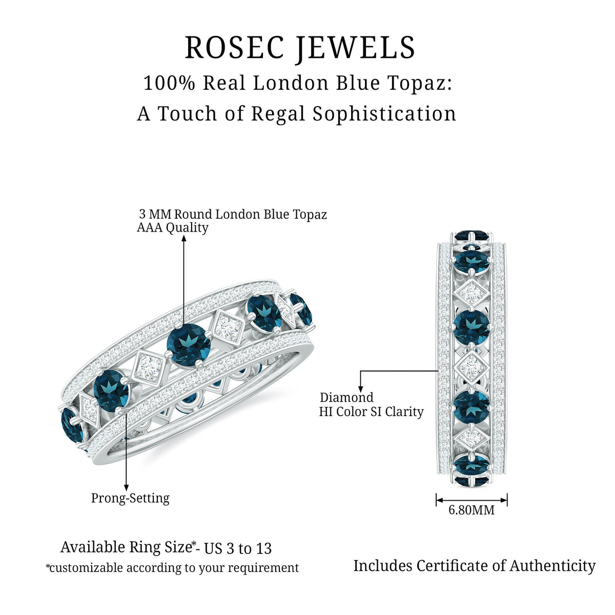 London Blue Topaz vintage-inspired eternity ring with diamonds by Rosec Jewels, showcasing detailed design and sparkling gemstone accents.