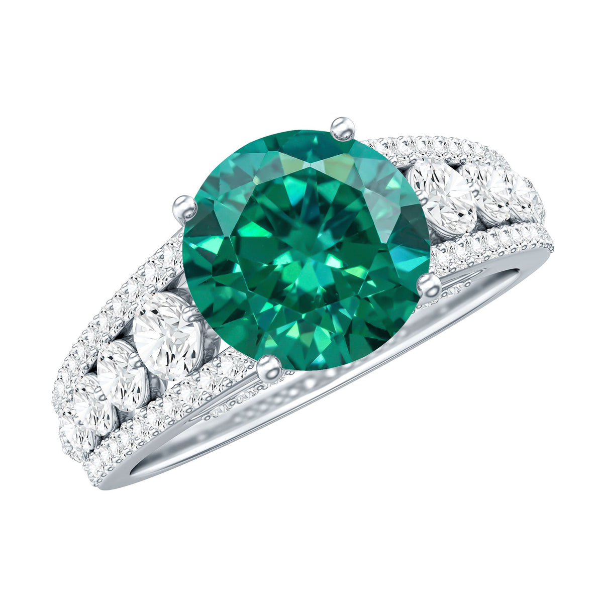 Certified 8 mm Lab Grown Emerald Statement Engagement Ring with Side Stones
