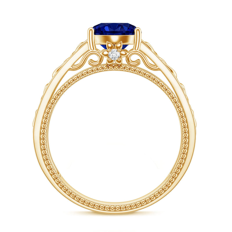 Lab-grown 2.7 carat blue sapphire Celtic engagement ring with a surprise diamond setting, featuring intricate design and sterling silver band.