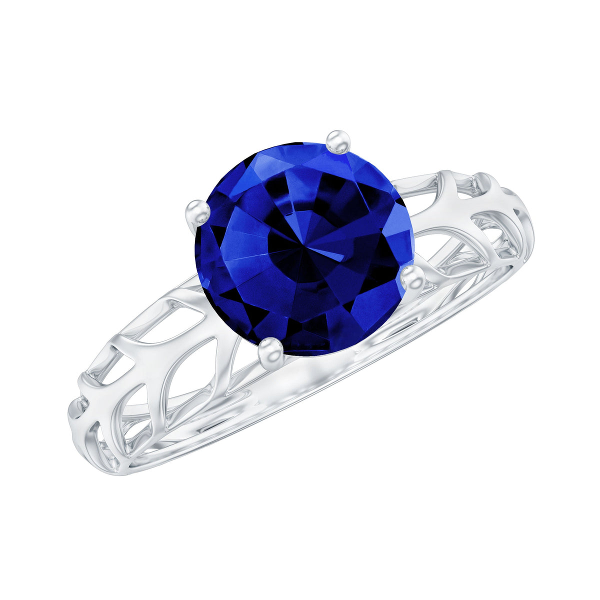 Lab-created blue sapphire solitaire ring with filigree shank by Rosec Jewels, showcasing a vibrant blue sapphire gemstone and intricate metalwork.