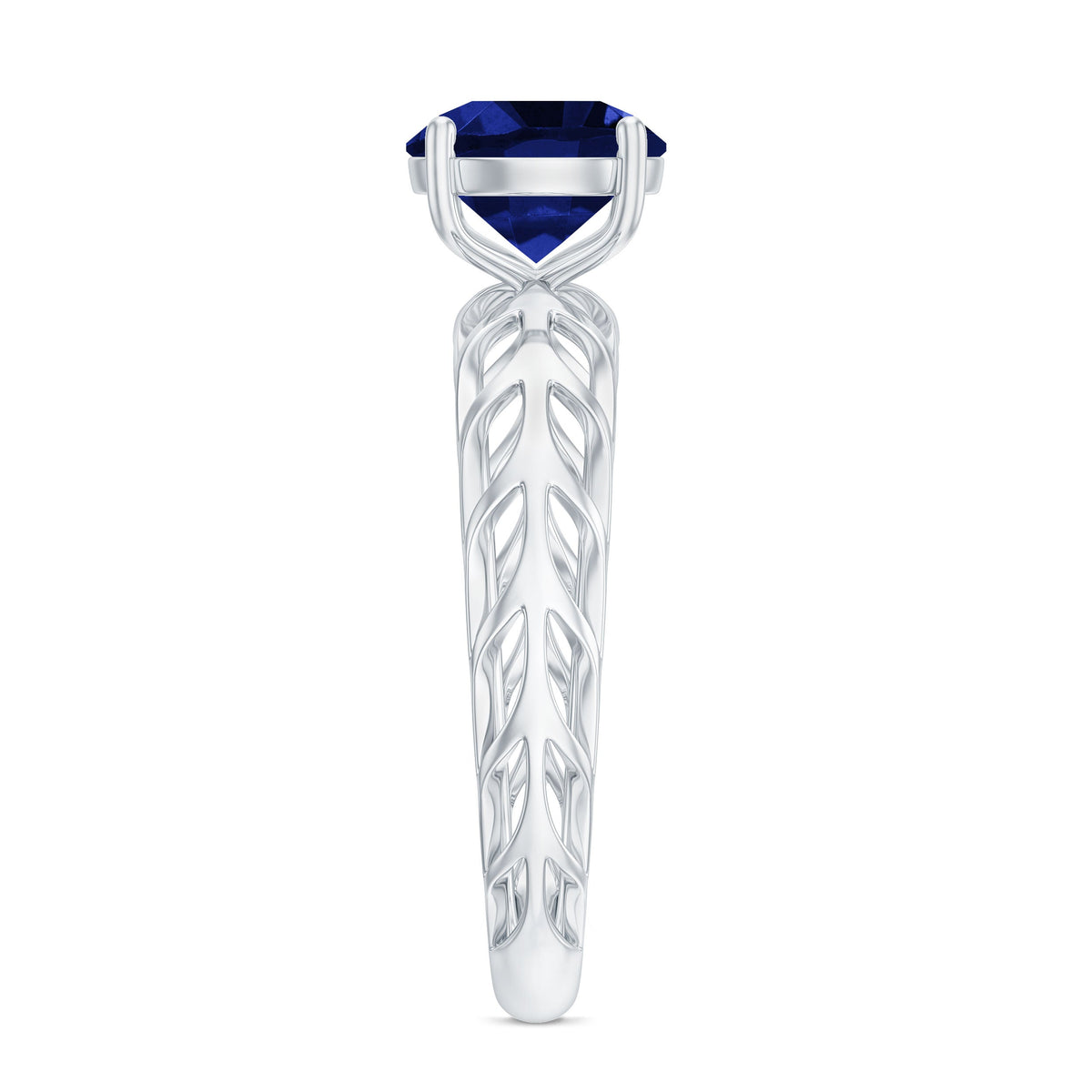 Lab-created blue sapphire solitaire ring with intricate filigree shank by Rosec Jewels, showcasing a vibrant blue gemstone.