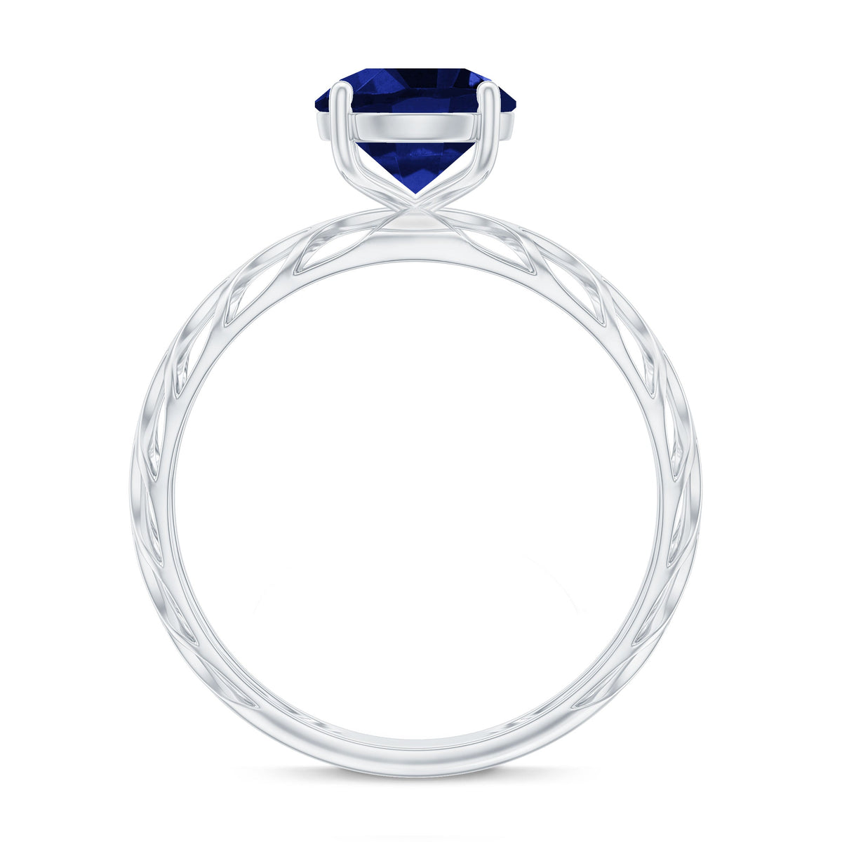 Lab-created blue sapphire solitaire ring with filigree shank, featuring intricate metalwork and a vibrant blue gemstone.